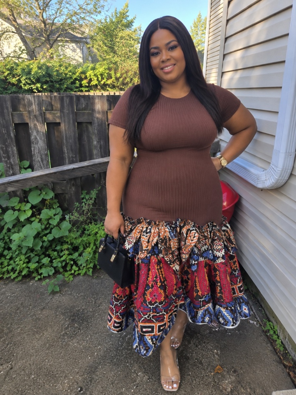 Brown Ribbed & Ankara Ruffle Dress